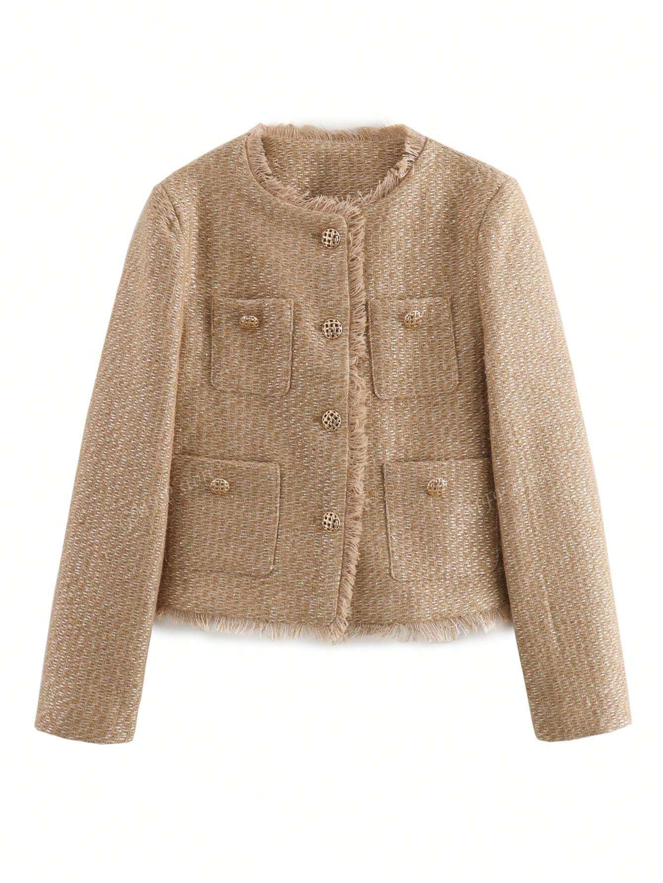 Casual Vintage Shiny Texture Short Jacket For Autumn Khaki