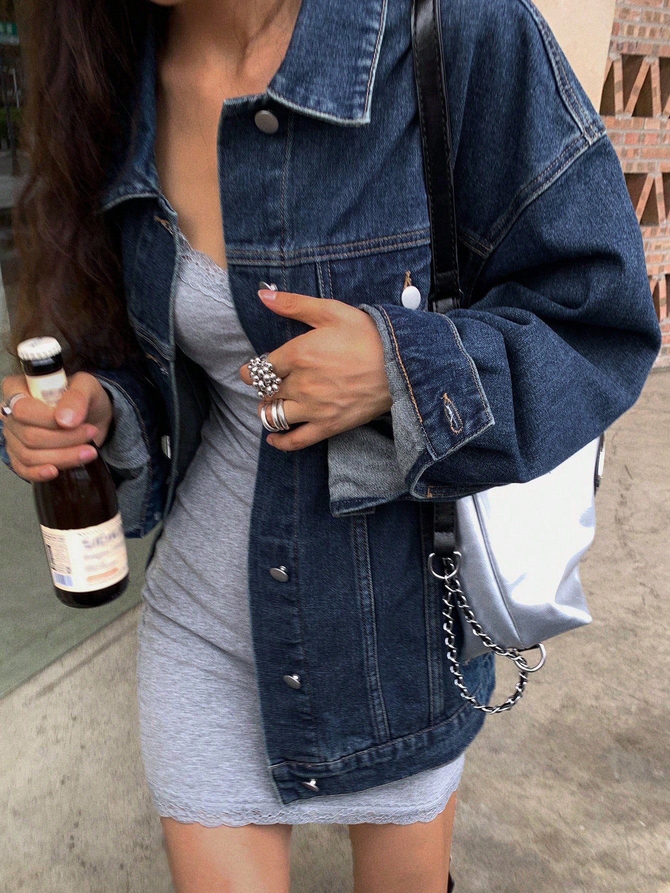 DAZY Women's Drop Shoulder Long Sleeve Pocket Loose Casual Denim Jacket, Spring Autumn Dark Wash