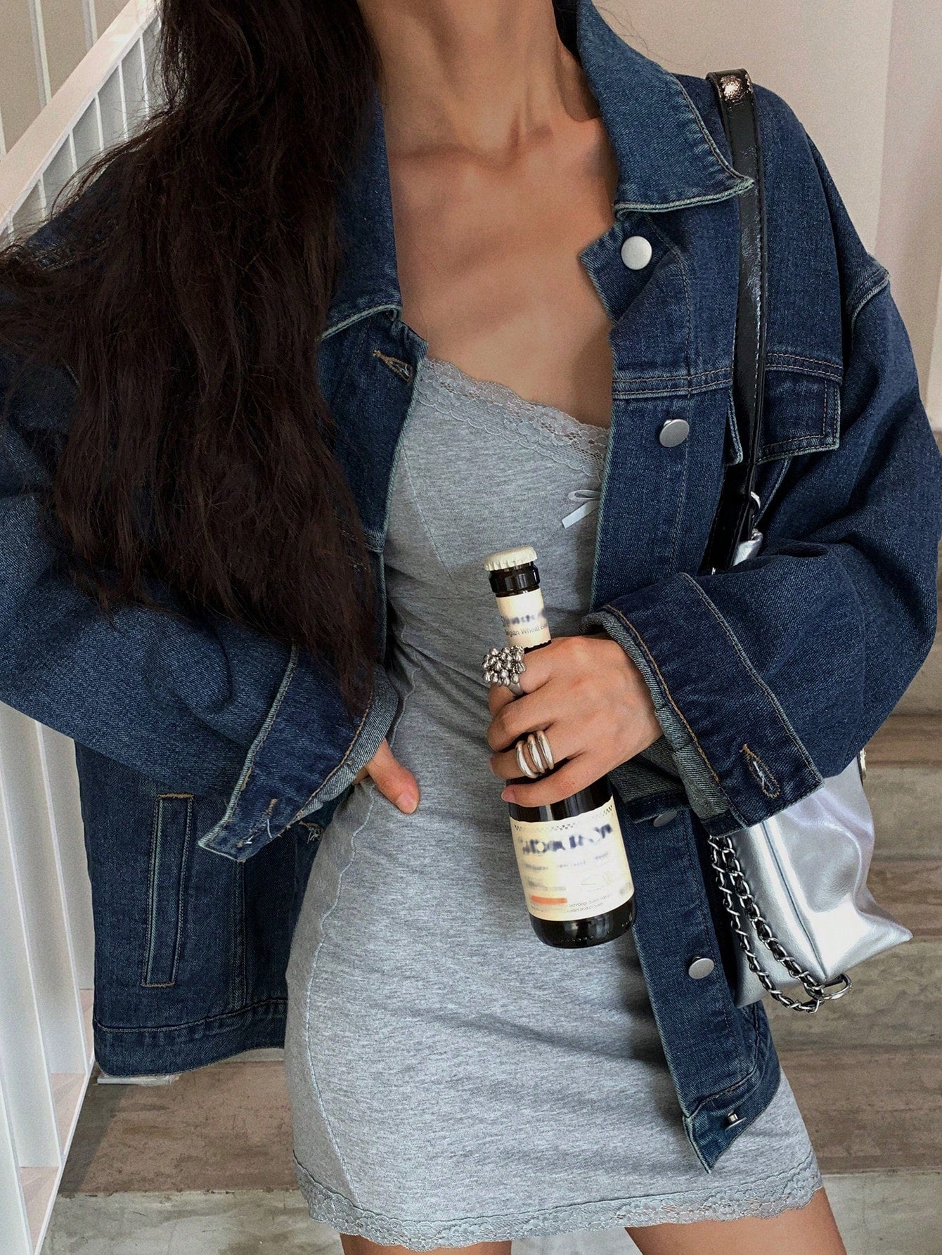 DAZY Women's Drop Shoulder Long Sleeve Pocket Loose Casual Denim Jacket, Spring Autumn Dark Wash