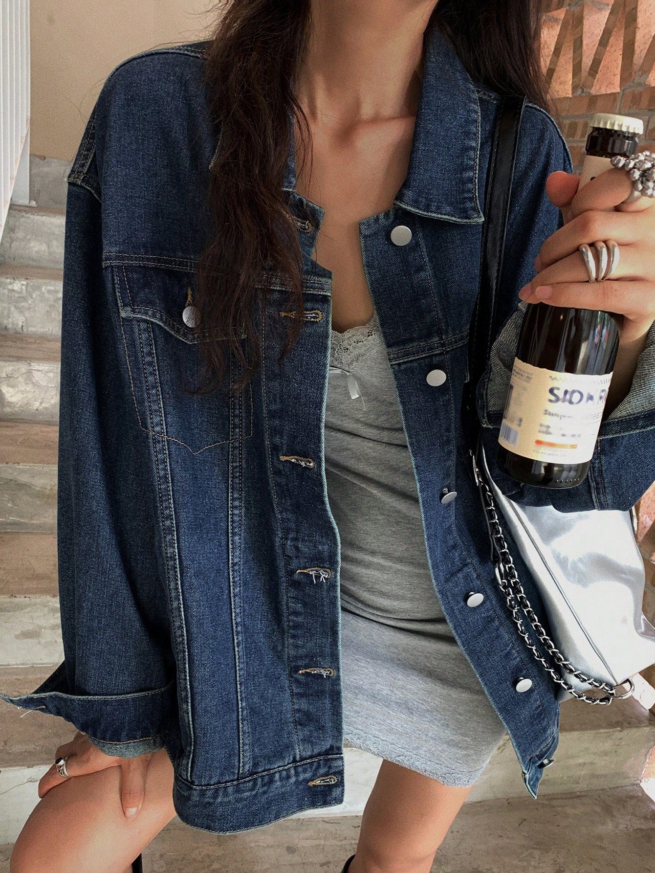 DAZY Women's Drop Shoulder Long Sleeve Pocket Loose Casual Denim Jacket, Spring Autumn Dark Wash