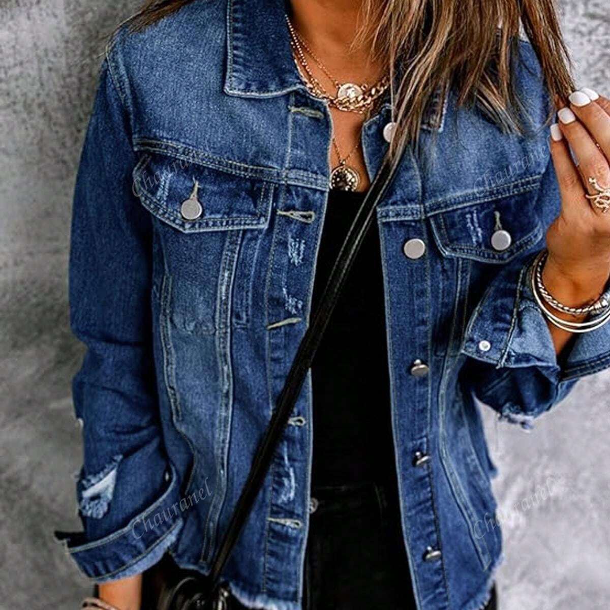 Women's Simple Solid Color Distressed Washed Denim Jacket Blue