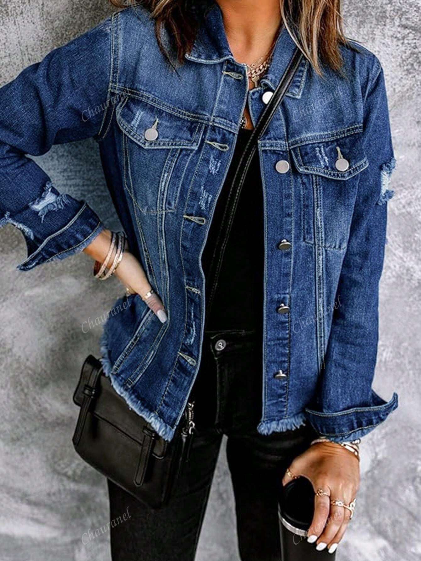 Women's Simple Solid Color Distressed Washed Denim Jacket Blue