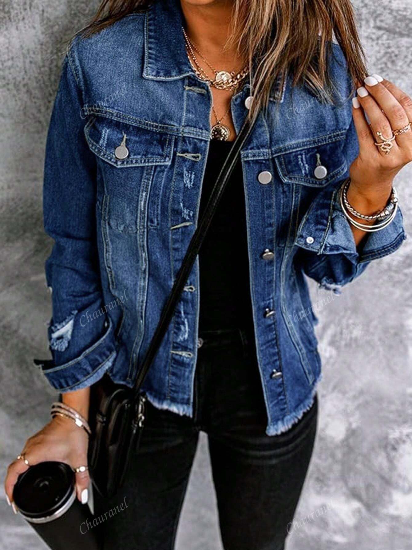 Women's Simple Solid Color Distressed Washed Denim Jacket Blue