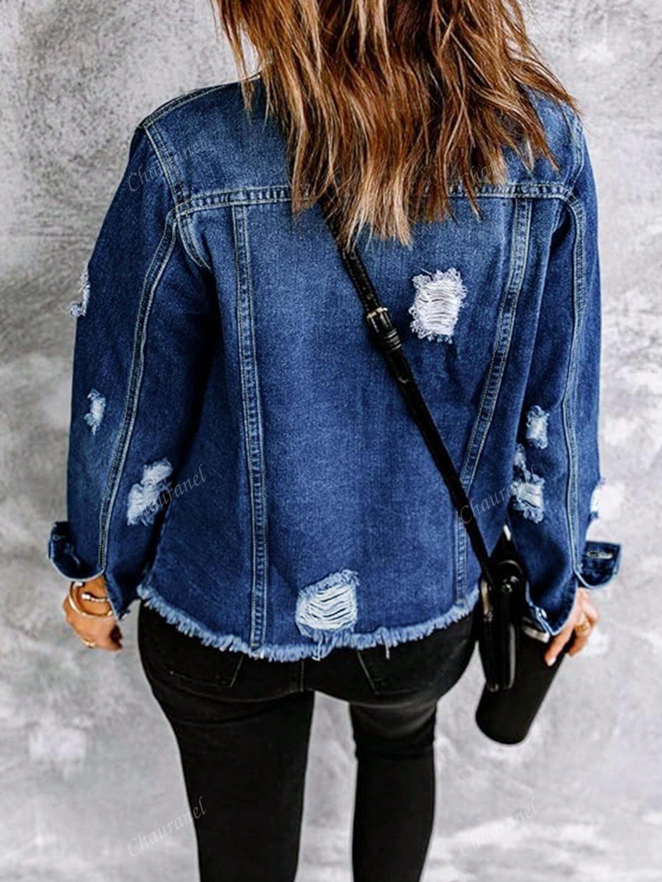 Women's Simple Solid Color Distressed Washed Denim Jacket Blue