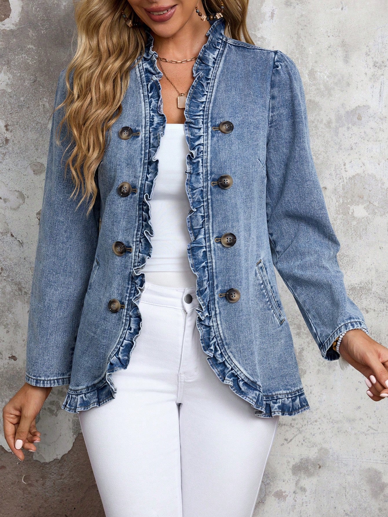 EMERY ROSE Women's Solid Color Double-Breasted Ruffled Hem Casual Long Sleeve Denim Jacket & Coat Thickened Denim Blue