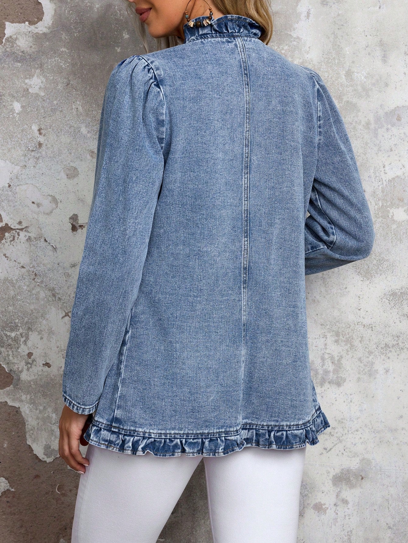 EMERY ROSE Women's Solid Color Double-Breasted Ruffled Hem Casual Long Sleeve Denim Jacket & Coat Thickened Denim Blue