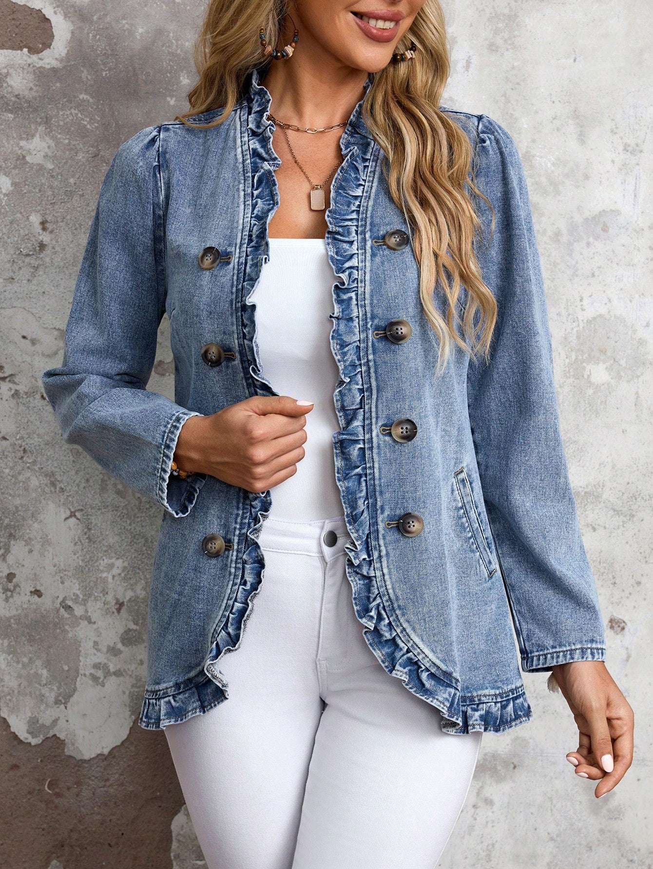 EMERY ROSE Women's Solid Color Double-Breasted Ruffled Hem Casual Long Sleeve Denim Jacket & Coat Thickened Denim Blue