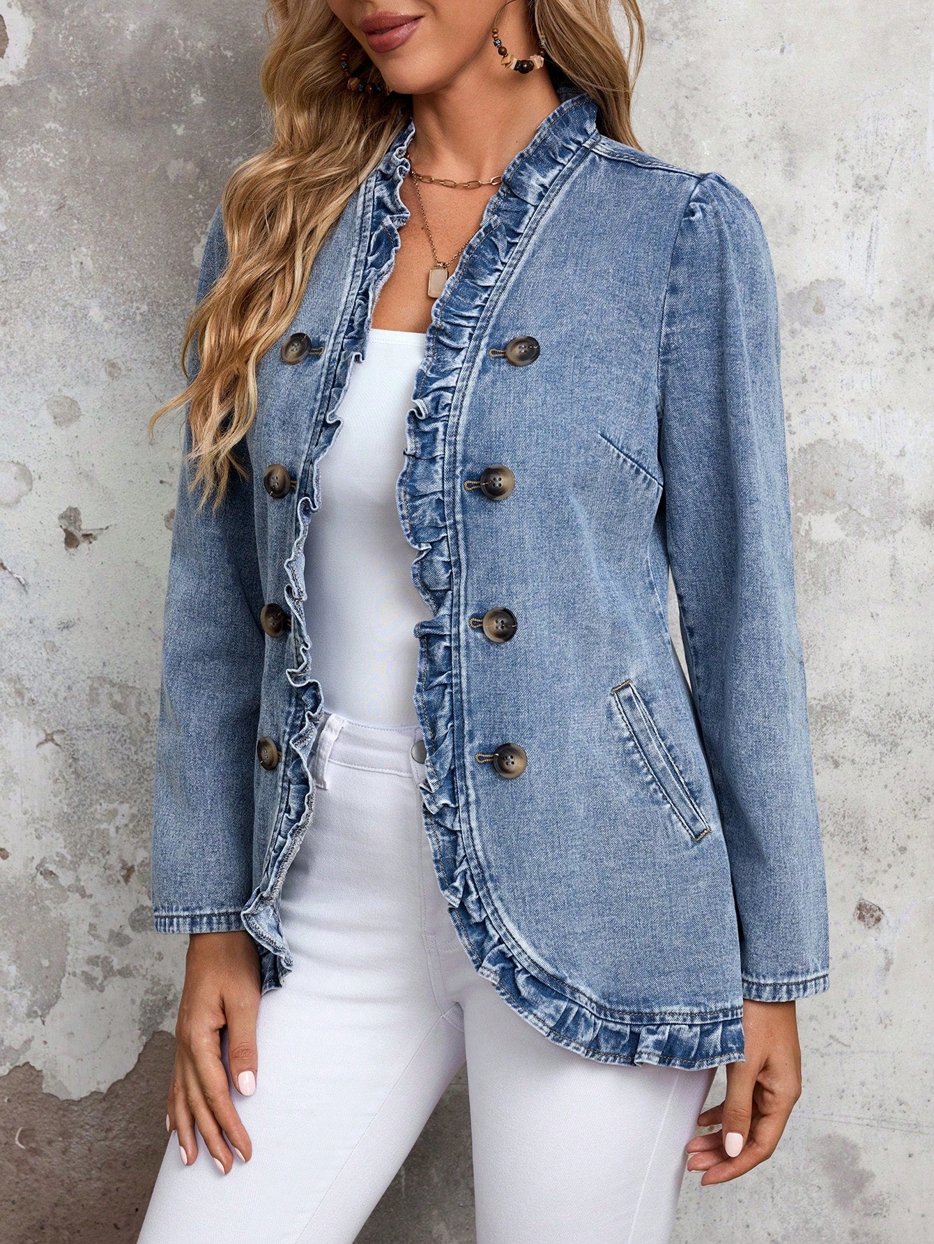 EMERY ROSE Women's Solid Color Double-Breasted Ruffled Hem Casual Long Sleeve Denim Jacket & Coat Thickened Denim Blue