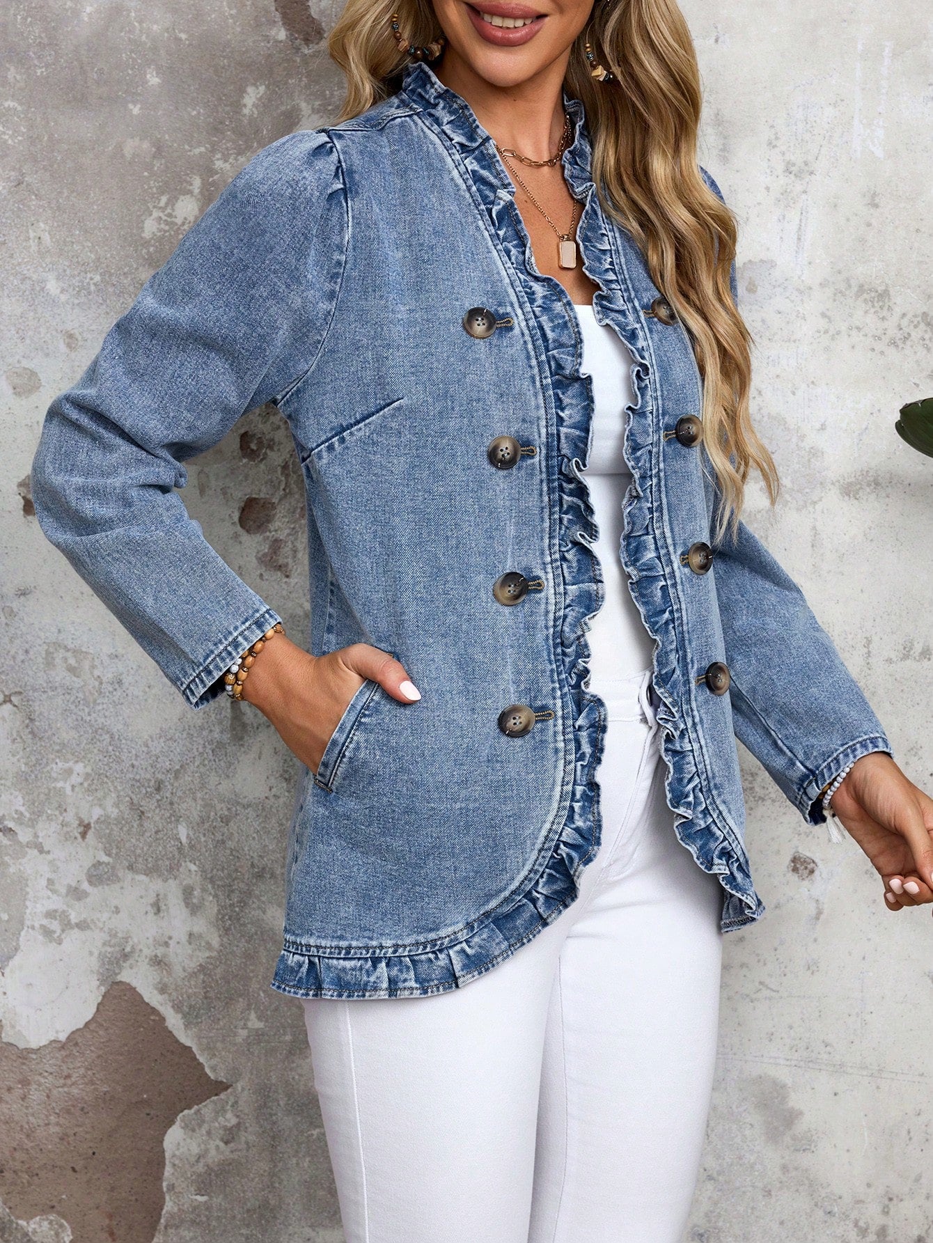 EMERY ROSE Women's Solid Color Double-Breasted Ruffled Hem Casual Long Sleeve Denim Jacket & Coat Thickened Denim Blue
