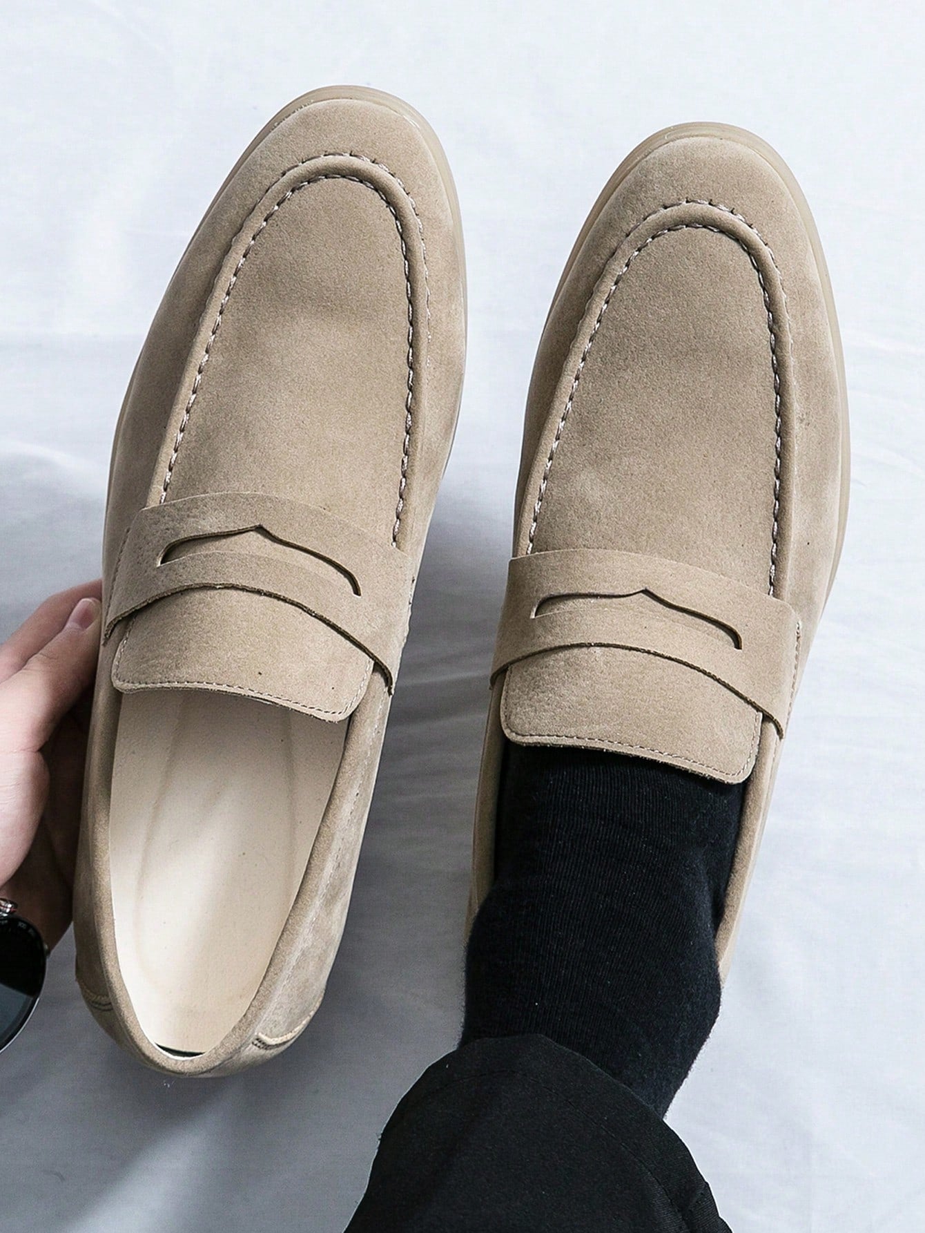 Men's Luxury Penny Loafer Leather Shoes, Solid Color Faux Suede Casual Oxford, Soft & Breathable, Versatile For Business, Party, Wedding, Spring/Summer/Autumn Beige