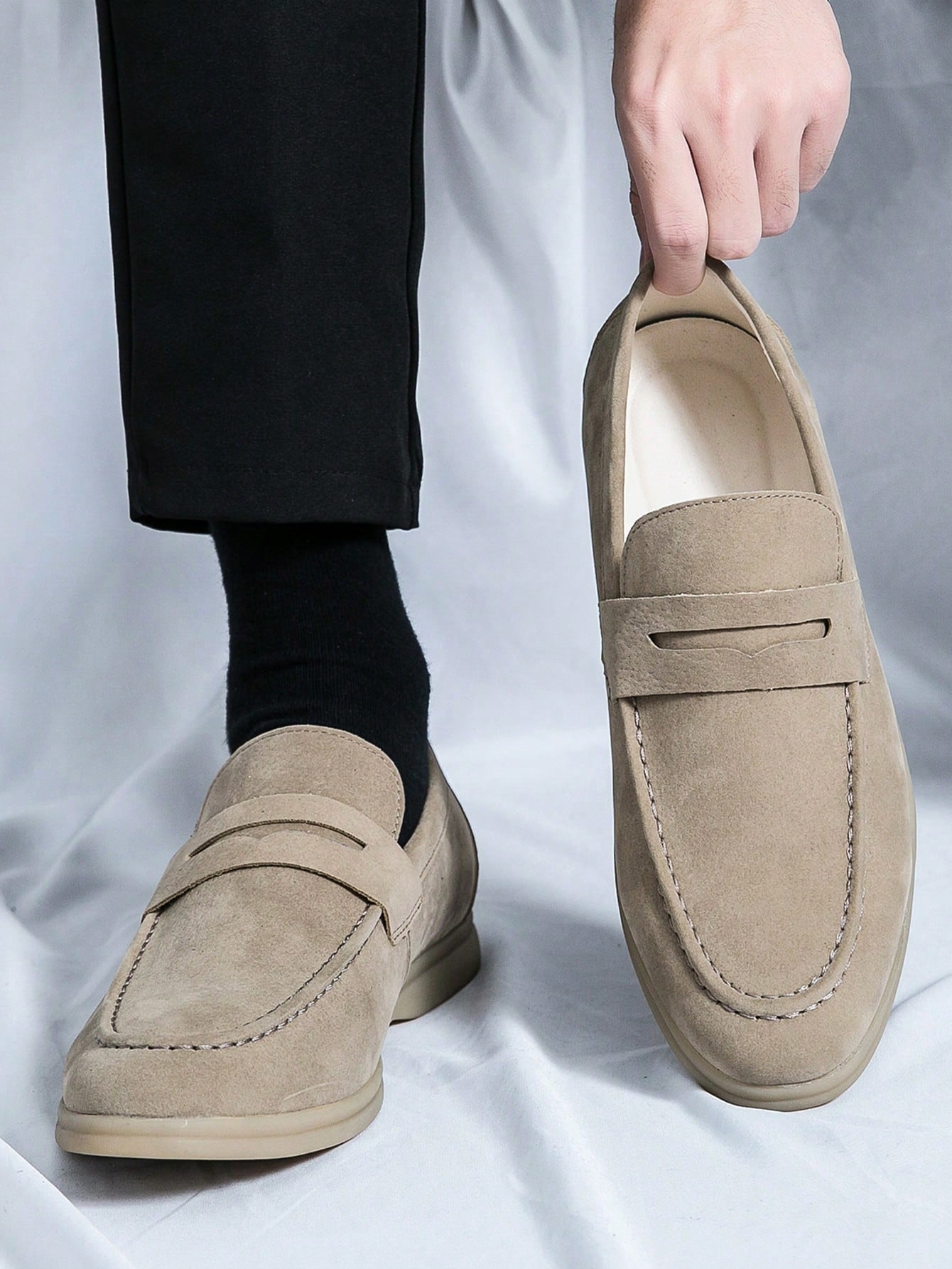 Men's Luxury Penny Loafer Leather Shoes, Solid Color Faux Suede Casual Oxford, Soft & Breathable, Versatile For Business, Party, Wedding, Spring/Summer/Autumn Beige