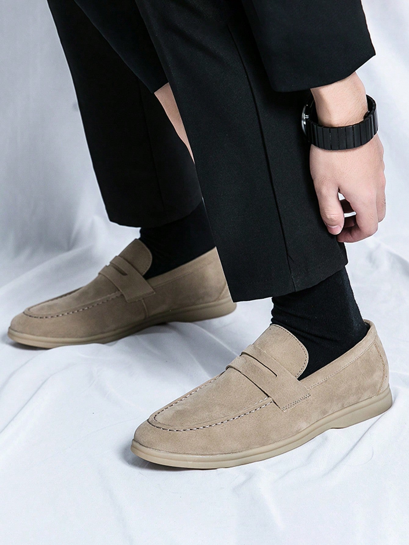 Men's Luxury Penny Loafer Leather Shoes, Solid Color Faux Suede Casual Oxford, Soft & Breathable, Versatile For Business, Party, Wedding, Spring/Summer/Autumn Beige