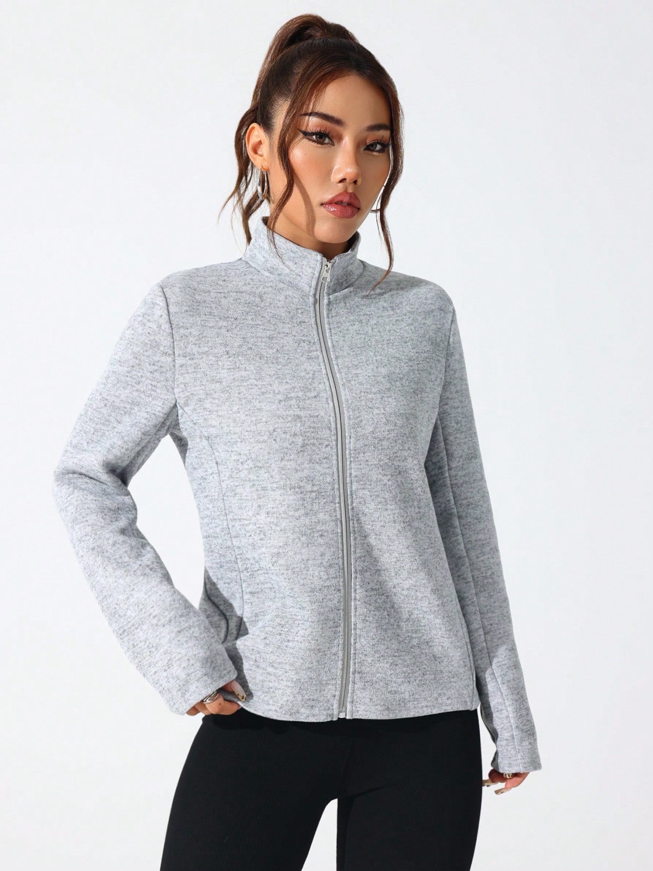 SHEIN Sport Studio Casual Comfortable Solid Color Stand Collar Sports Jacket Light Grey