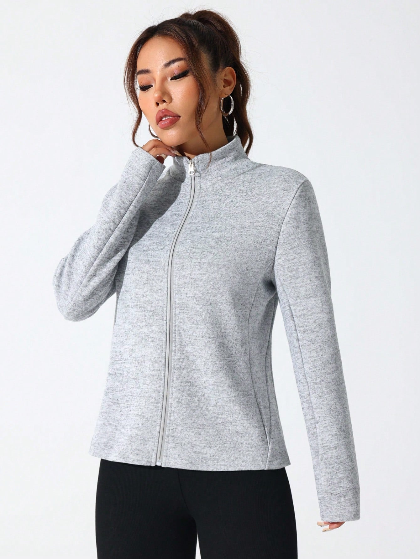 SHEIN Sport Studio Casual Comfortable Solid Color Stand Collar Sports Jacket Light Grey