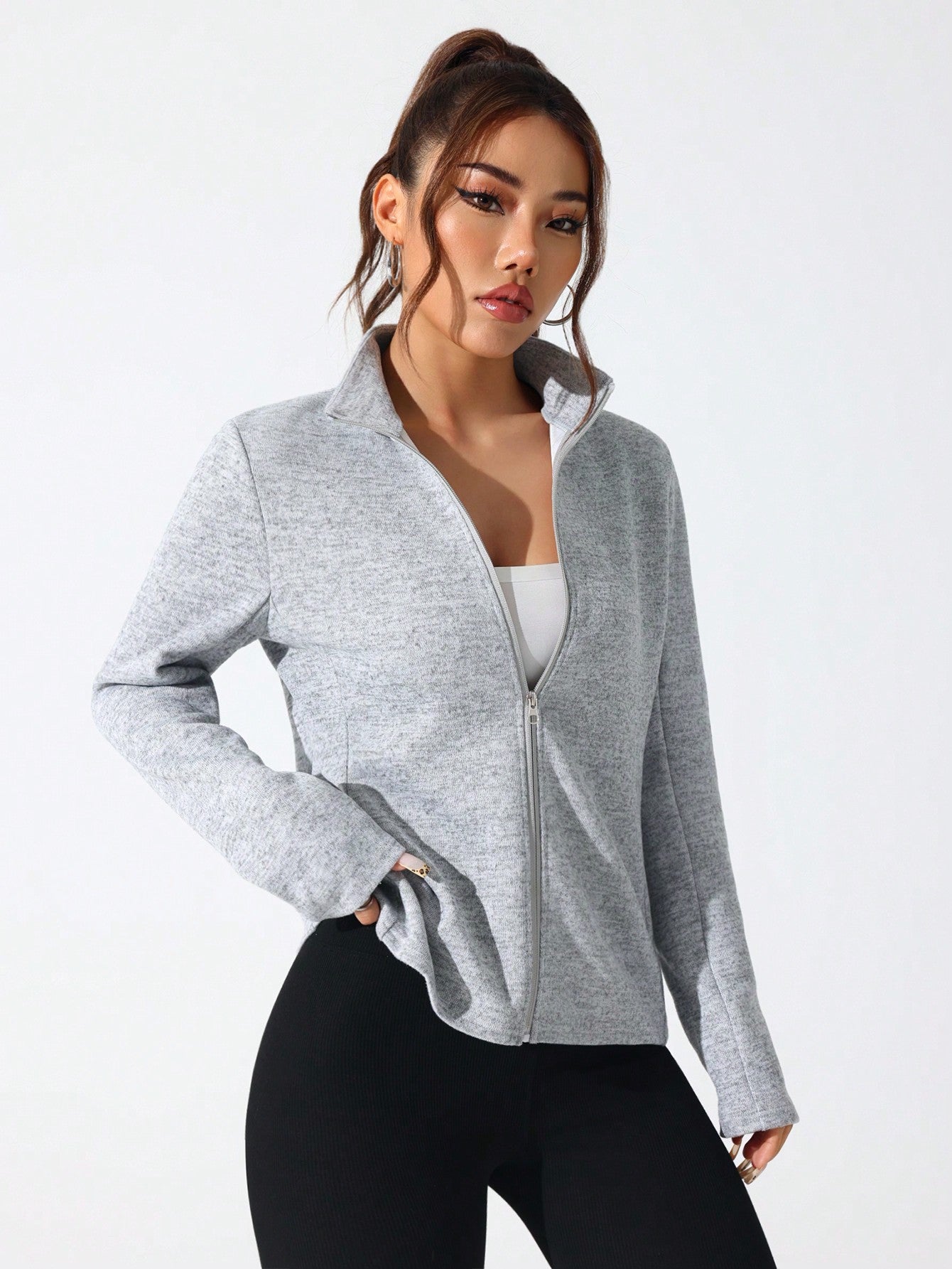 SHEIN Sport Studio Casual Comfortable Solid Color Stand Collar Sports Jacket Light Grey