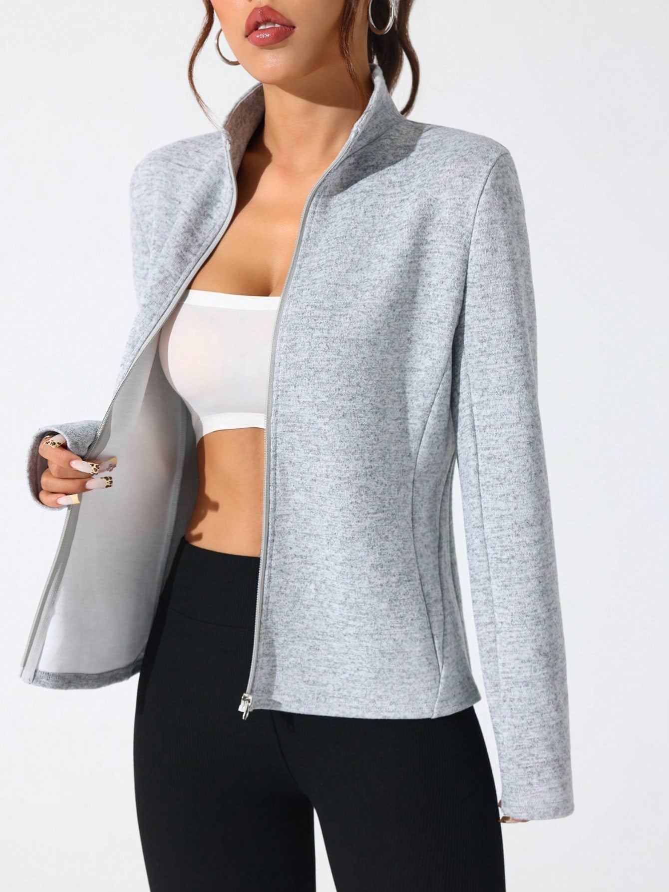 SHEIN Sport Studio Casual Comfortable Solid Color Stand Collar Sports Jacket Light Grey
