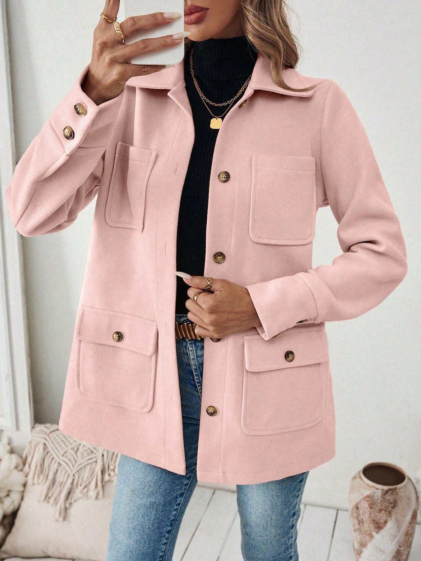 EMERY ROSE Men's Solid Color Front Button Long Sleeve Pocket Casual Jacket Dusty Pink
