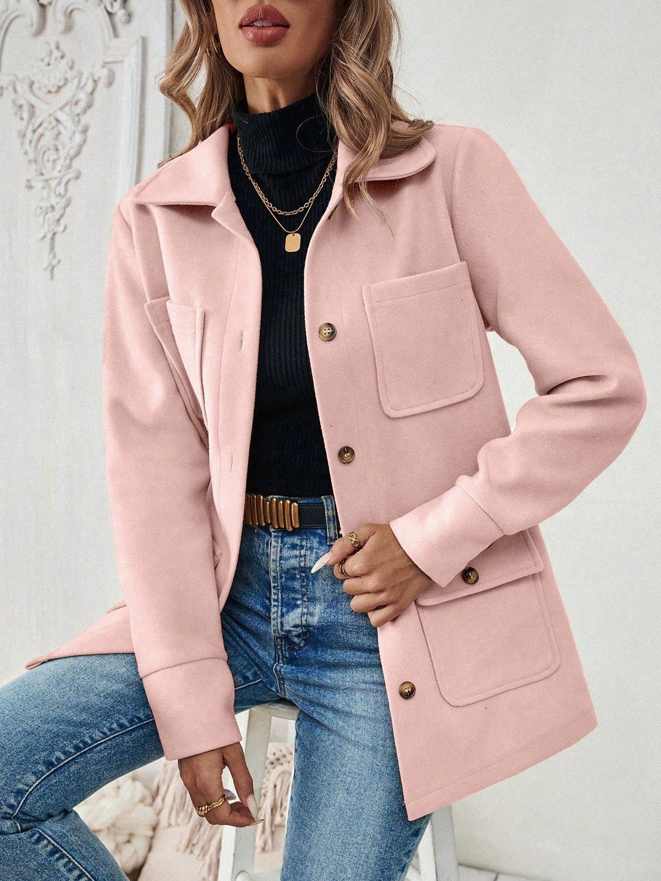 EMERY ROSE Men's Solid Color Front Button Long Sleeve Pocket Casual Jacket Dusty Pink