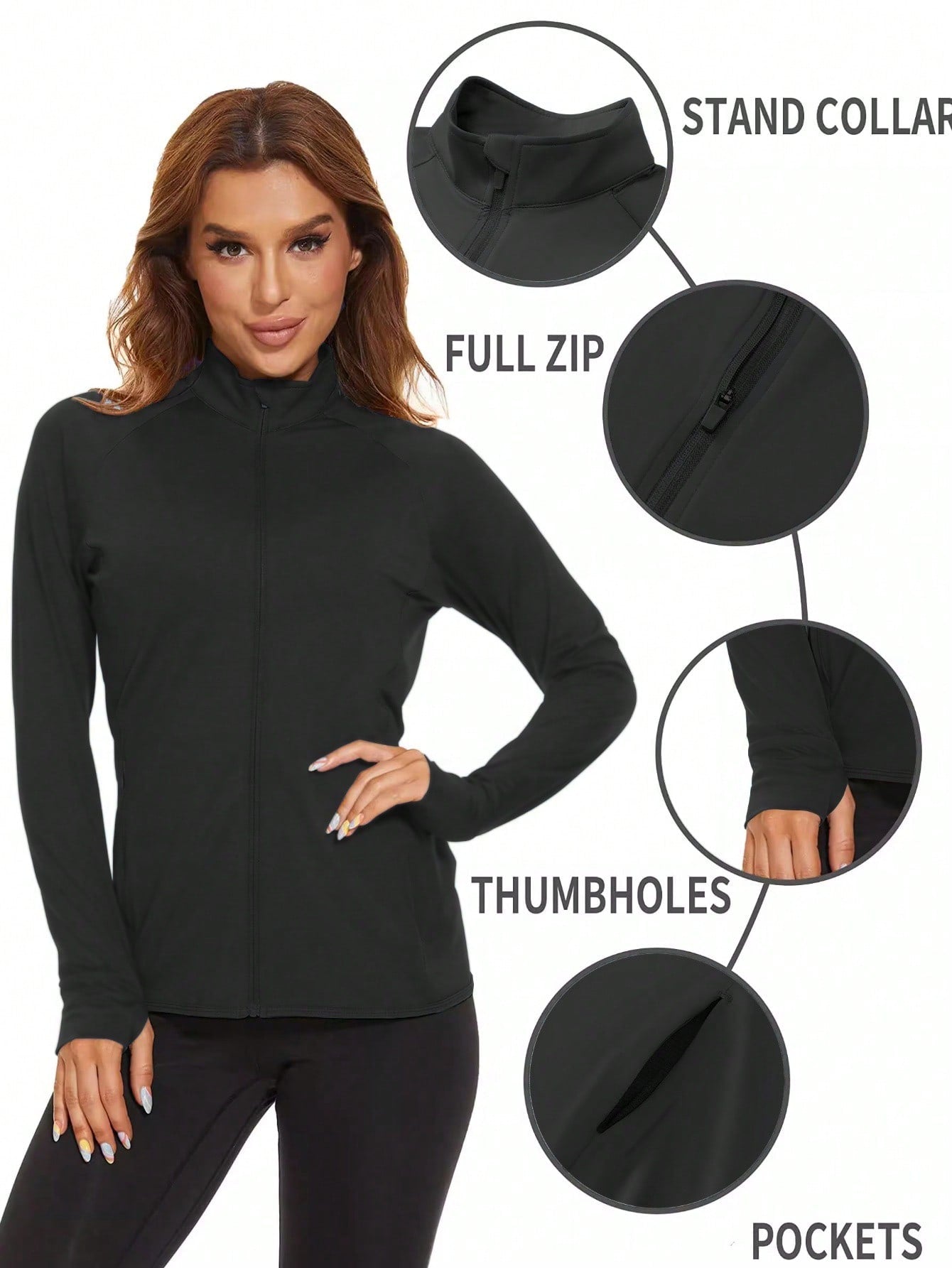 Women's Sports Jackets, Zip-Up Jackets, Short Sports Slim-Fit Coats Black