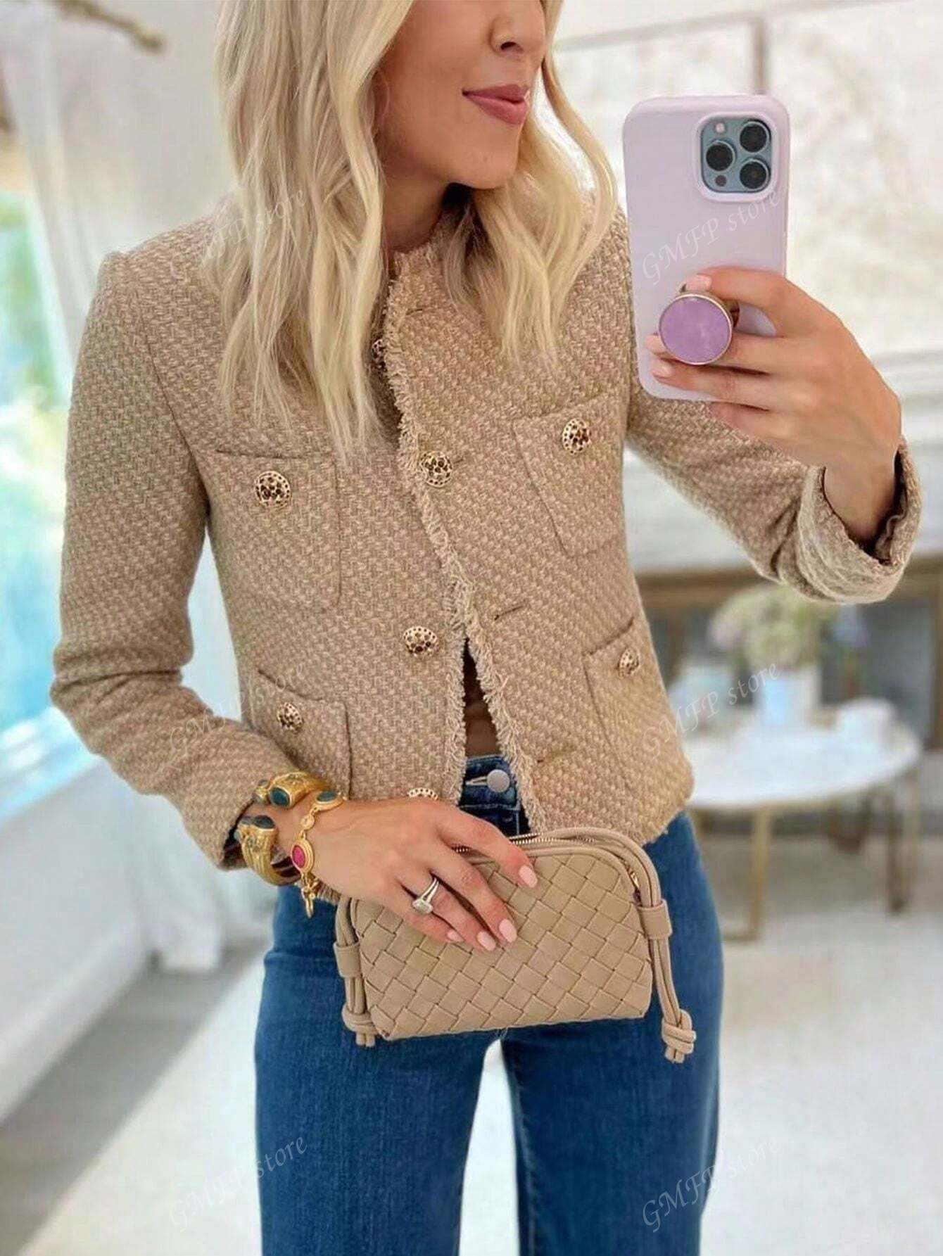 Casual Vintage Shiny Texture Short Jacket For Autumn Khaki
