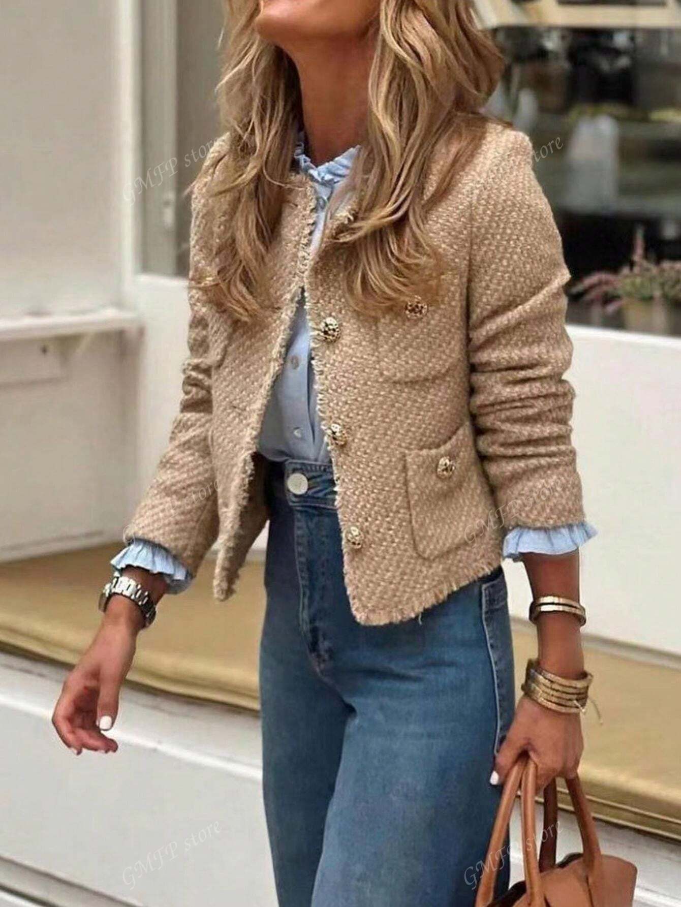 Casual Vintage Shiny Texture Short Jacket For Autumn Khaki