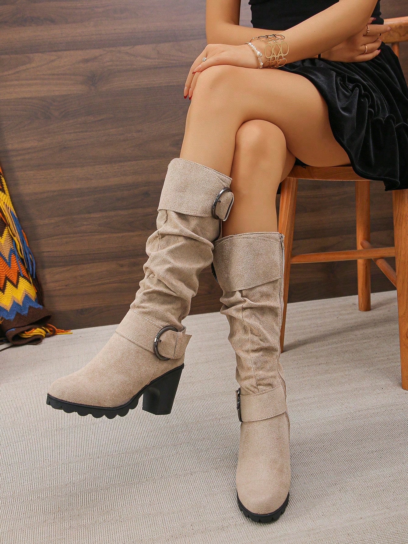 2024 New Brown Over-The-Knee Mid-Calf Boots, European & American Fashion Suede High Heel Buckle Strap Wrinkle Equestrian Boots, Autumn/Winter Beige