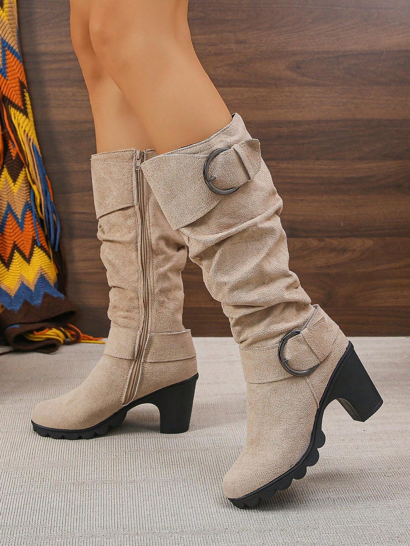2024 New Brown Over-The-Knee Mid-Calf Boots, European & American Fashion Suede High Heel Buckle Strap Wrinkle Equestrian Boots, Autumn/Winter Beige