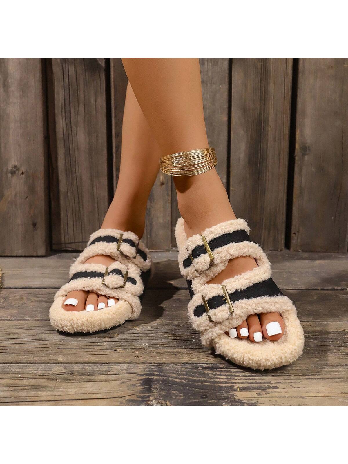 Women Double Breasted Hollow Open Toe Flat Home Slippers, Cozy Fuzzy Slip On Sandals For Autumn/Winter Black