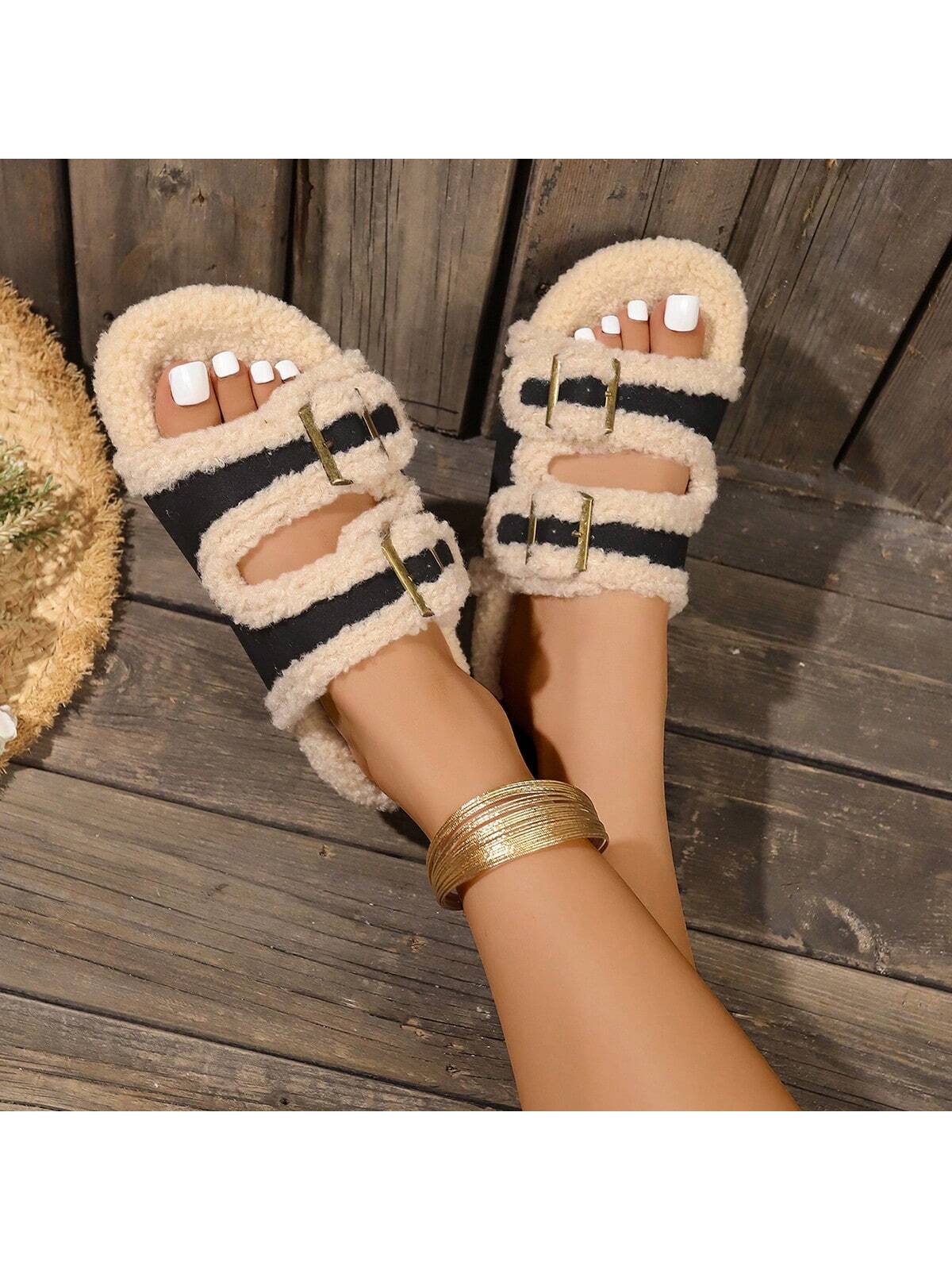 Women Double Breasted Hollow Open Toe Flat Home Slippers, Cozy Fuzzy Slip On Sandals For Autumn/Winter Black