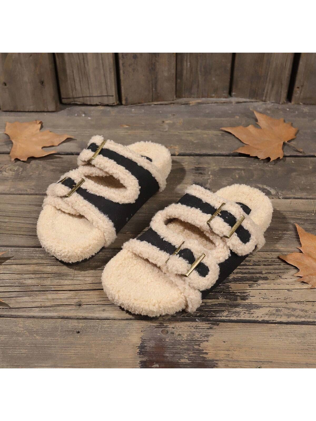 Women Double Breasted Hollow Open Toe Flat Home Slippers, Cozy Fuzzy Slip On Sandals For Autumn/Winter Black