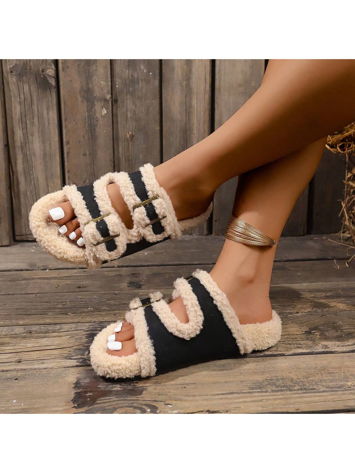 Women Double Breasted Hollow Open Toe Flat Home Slippers, Cozy Fuzzy Slip On Sandals For Autumn/Winter Black