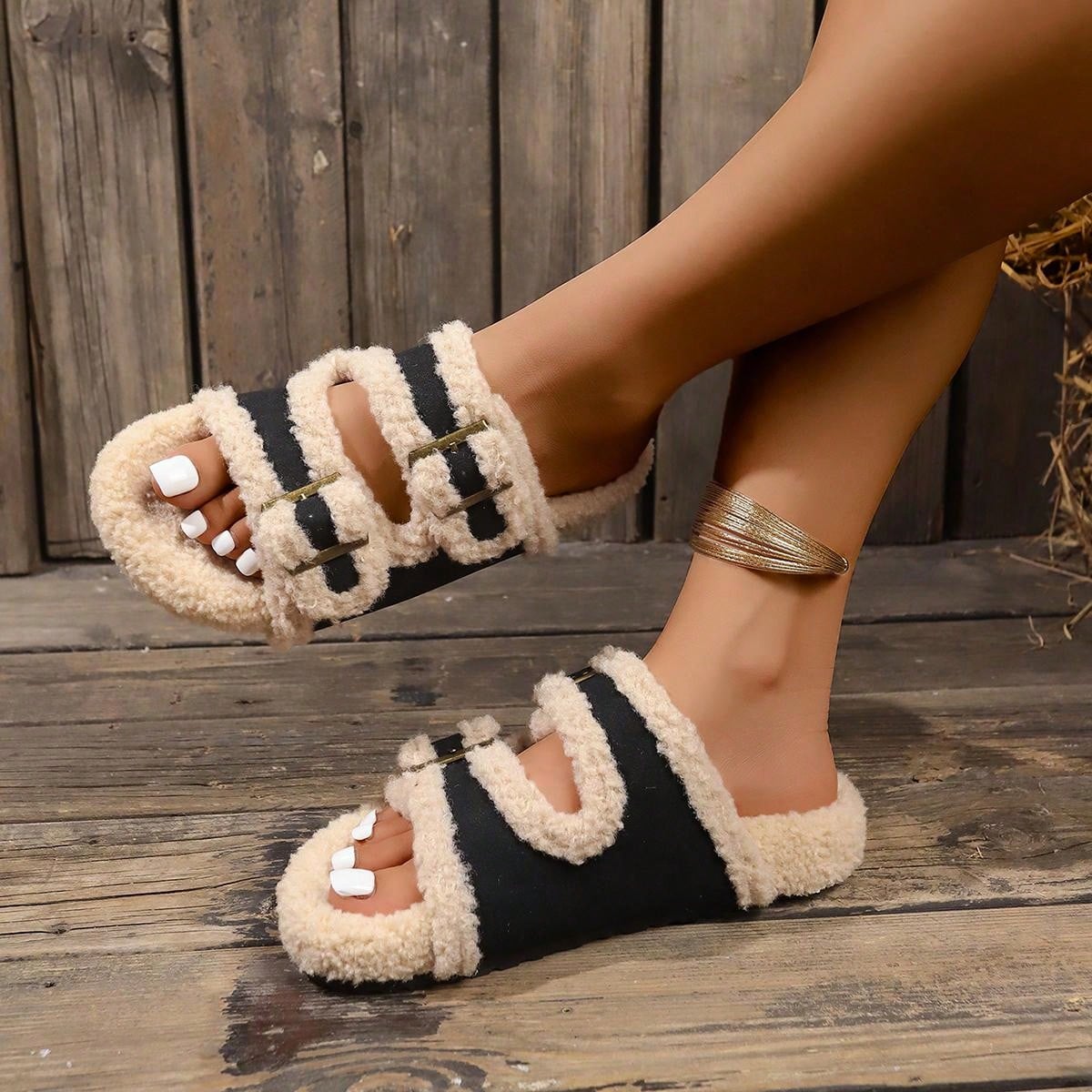 Women Double Breasted Hollow Open Toe Flat Home Slippers, Cozy Fuzzy Slip On Sandals For Autumn/Winter Black