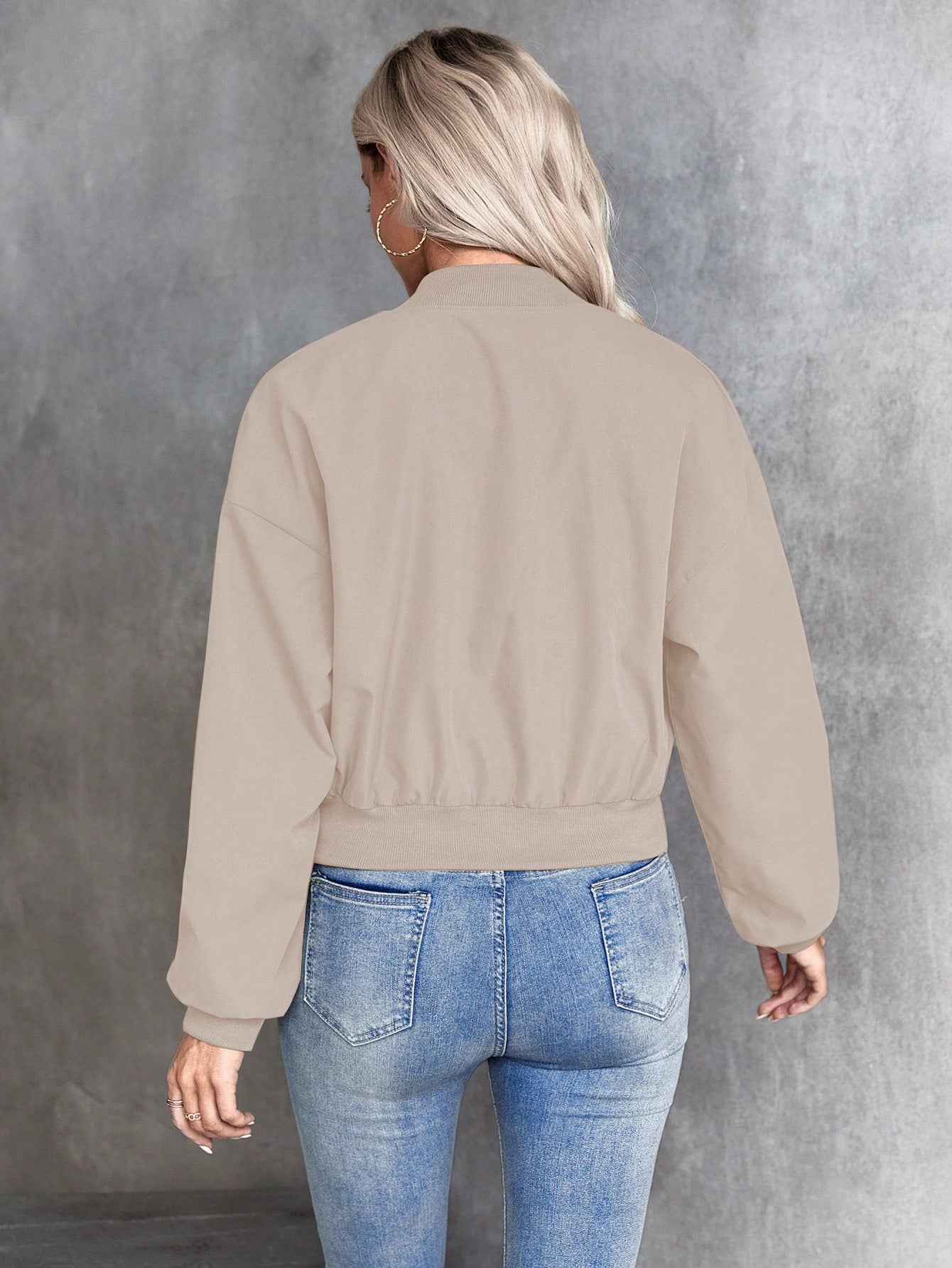 SHEIN LUNE Solid Color Zipper Baseball Jacket Apricot