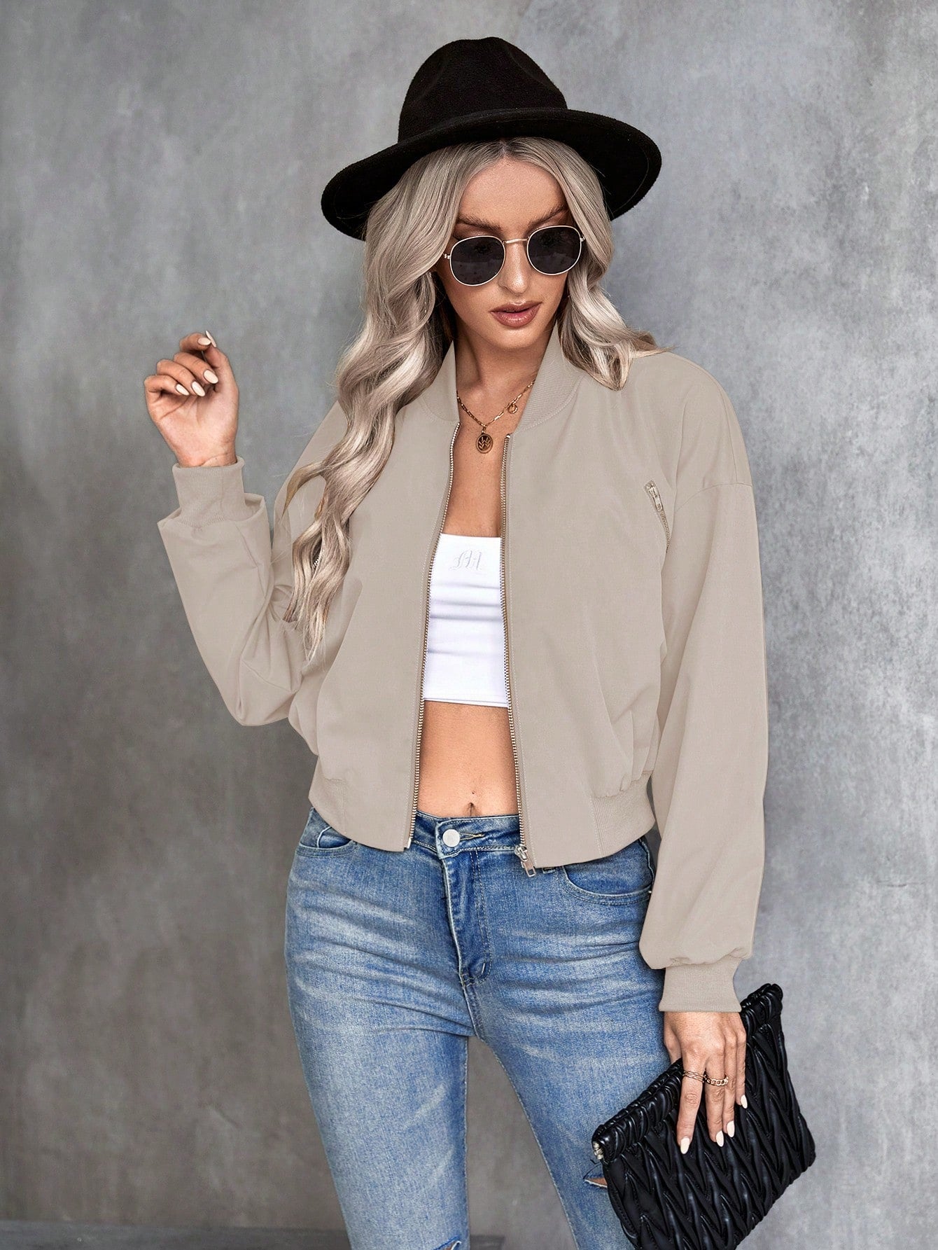 SHEIN LUNE Solid Color Zipper Baseball Jacket Apricot