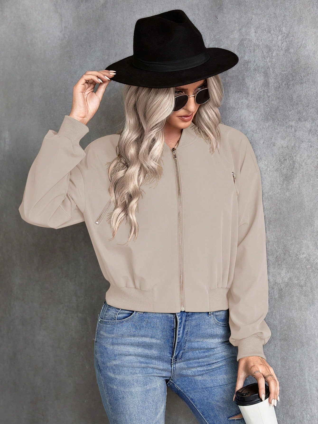 SHEIN LUNE Solid Color Zipper Baseball Jacket Apricot