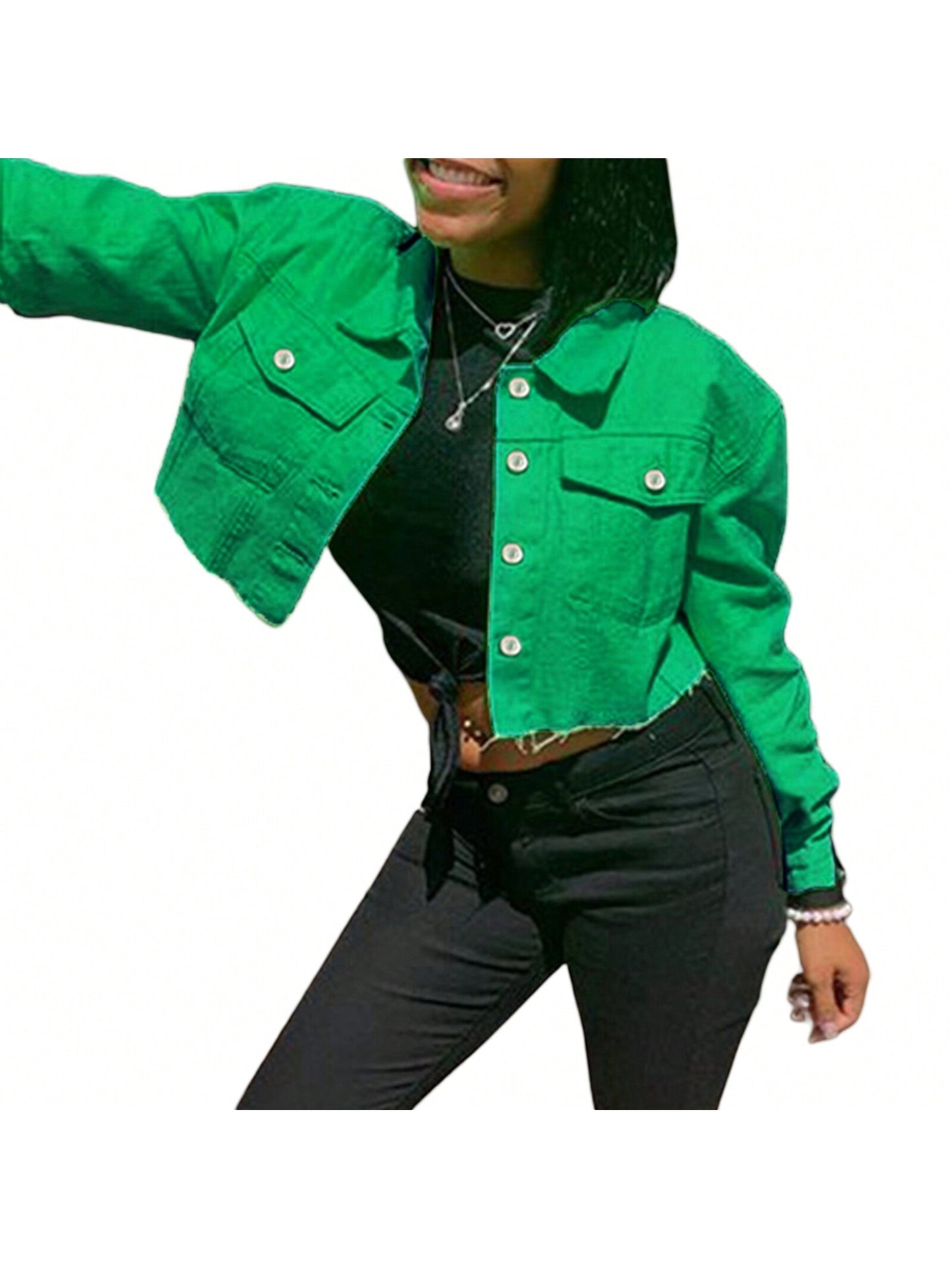Women's Denim Short Coat, Solid Color Long Sleeve Lapel Jacket Button Down Distressed Hem Crop Jeans Coat Green