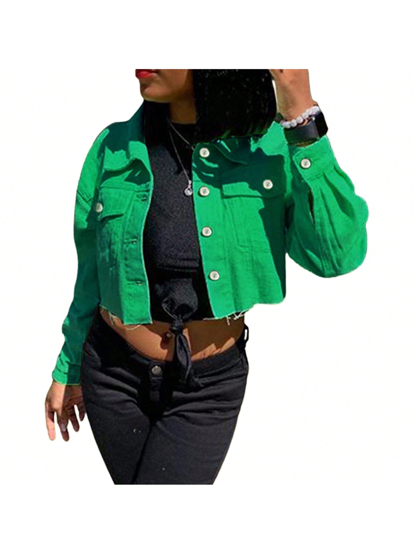 Women's Denim Short Coat, Solid Color Long Sleeve Lapel Jacket Button Down Distressed Hem Crop Jeans Coat Green