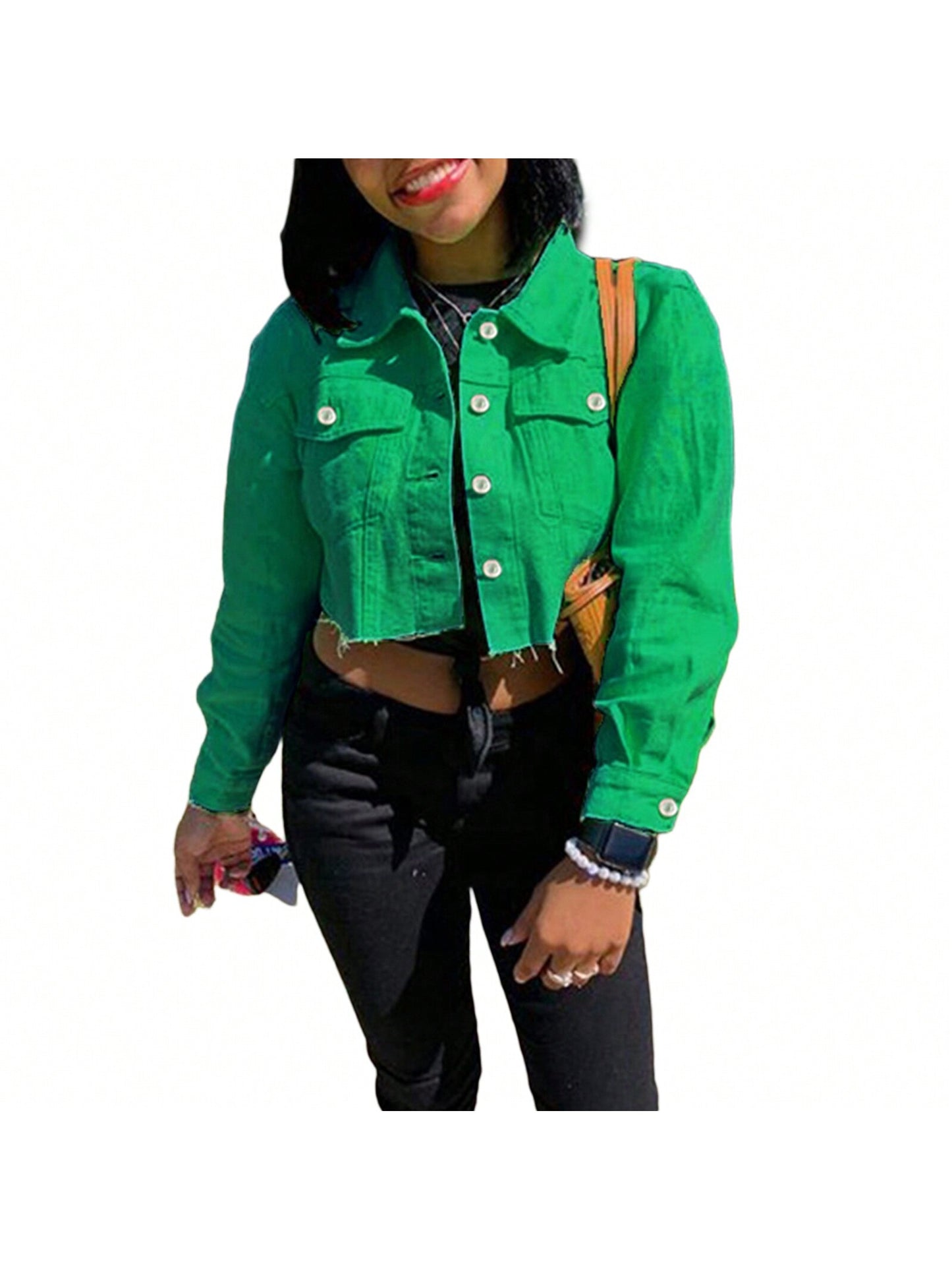 Women's Denim Short Coat, Solid Color Long Sleeve Lapel Jacket Button Down Distressed Hem Crop Jeans Coat Green