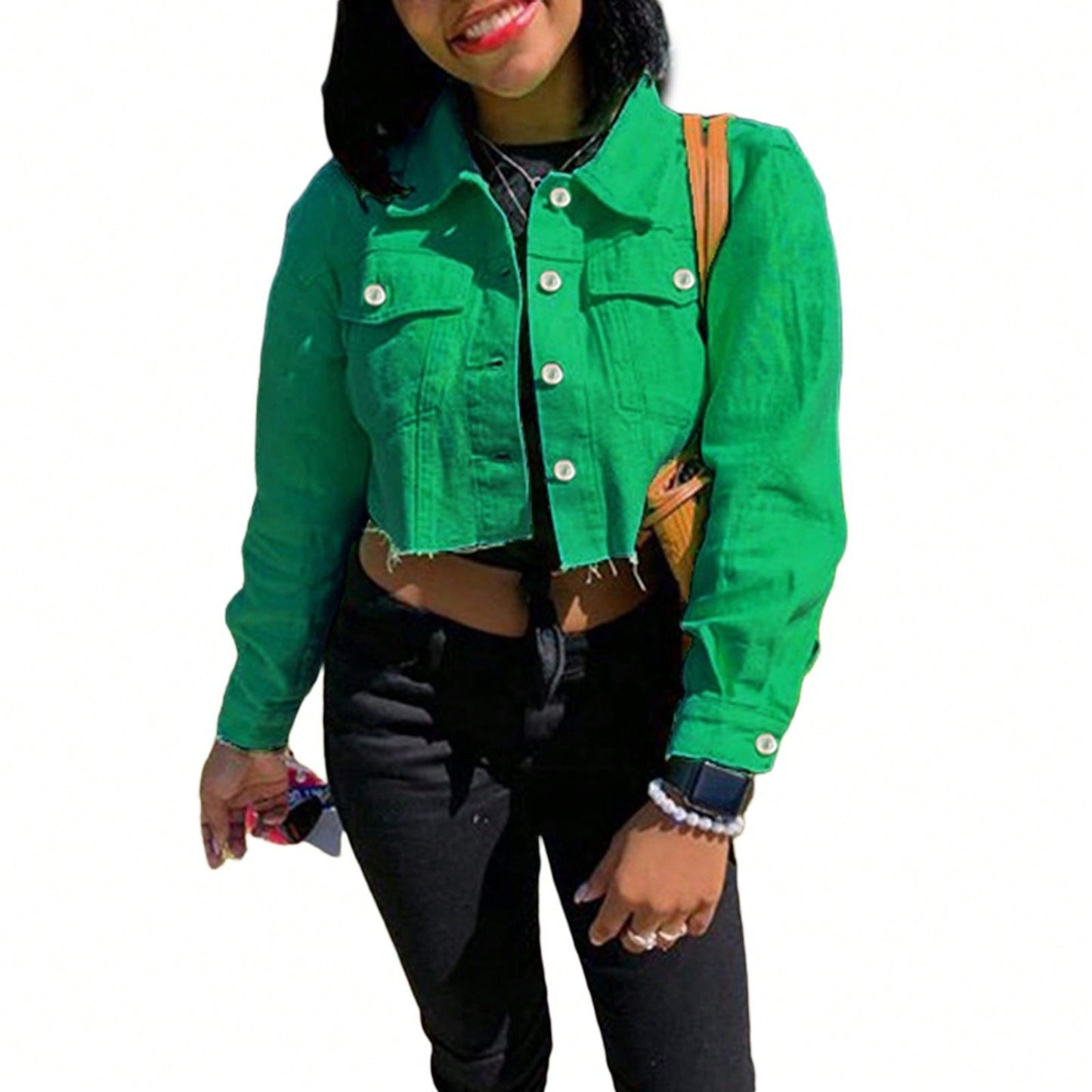 Women's Denim Short Coat, Solid Color Long Sleeve Lapel Jacket Button Down Distressed Hem Crop Jeans Coat Green