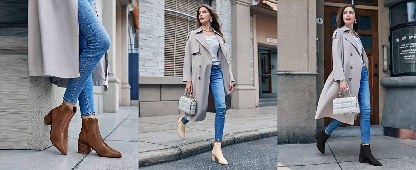 TINSTREE TINSTREE Womens Pointed Toe Ankle Boots Elastic Chunky Block Stacked Mid Heel Slip On Chelsea Booties light brown