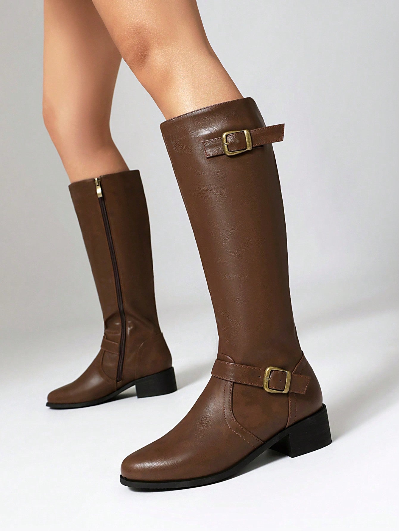 JIAOFEITI Women's Vintage Side Zipper Knee-High Boots, Round Toe Flat Riding Boots For Spring And Autumn Brown