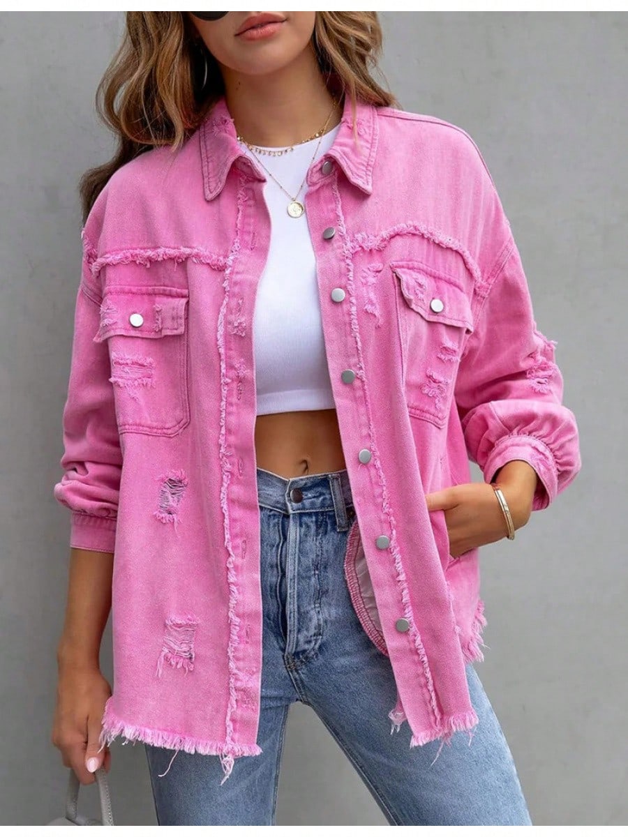 PUWEI Ripped Fringe Jean Jacket Women Distressed Washed Button Down Frayed Denim Shacket With Pocket Pink