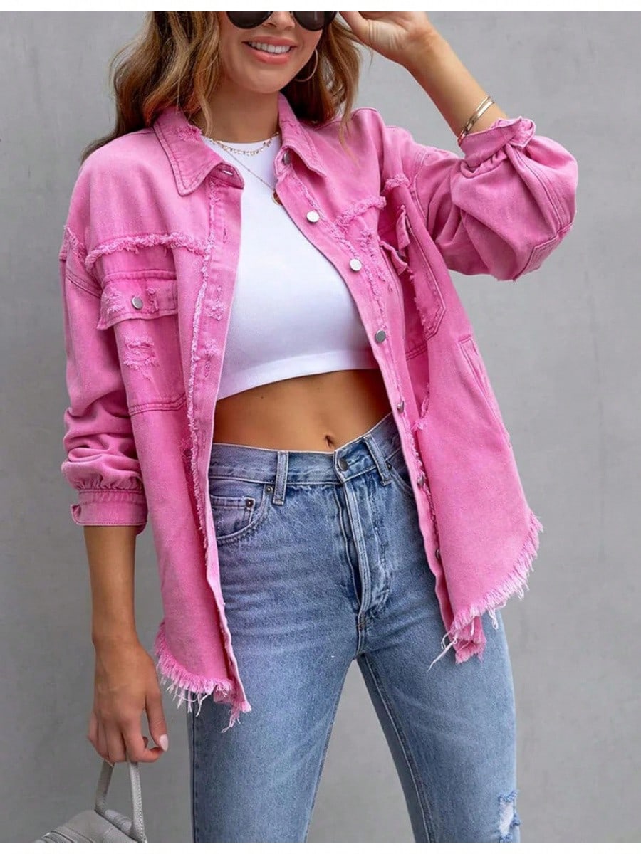 PUWEI Ripped Fringe Jean Jacket Women Distressed Washed Button Down Frayed Denim Shacket With Pocket Pink