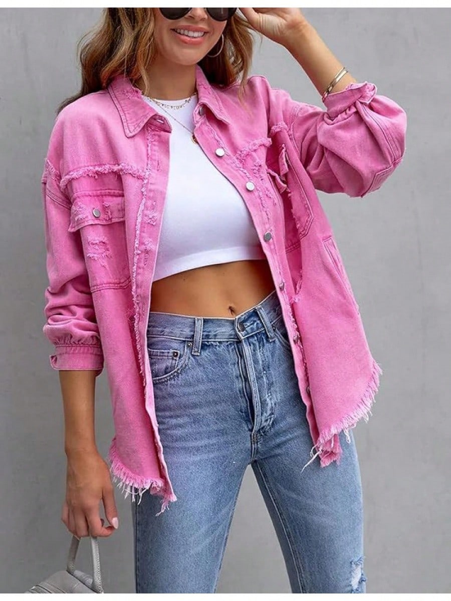 PUWEI Ripped Fringe Jean Jacket Women Distressed Washed Button Down Frayed Denim Shacket With Pocket Pink