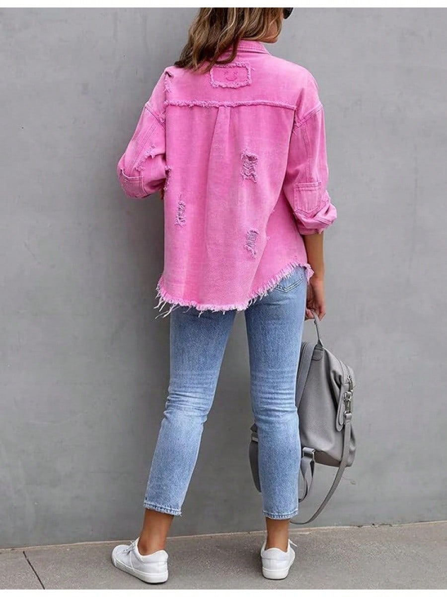PUWEI Ripped Fringe Jean Jacket Women Distressed Washed Button Down Frayed Denim Shacket With Pocket Pink