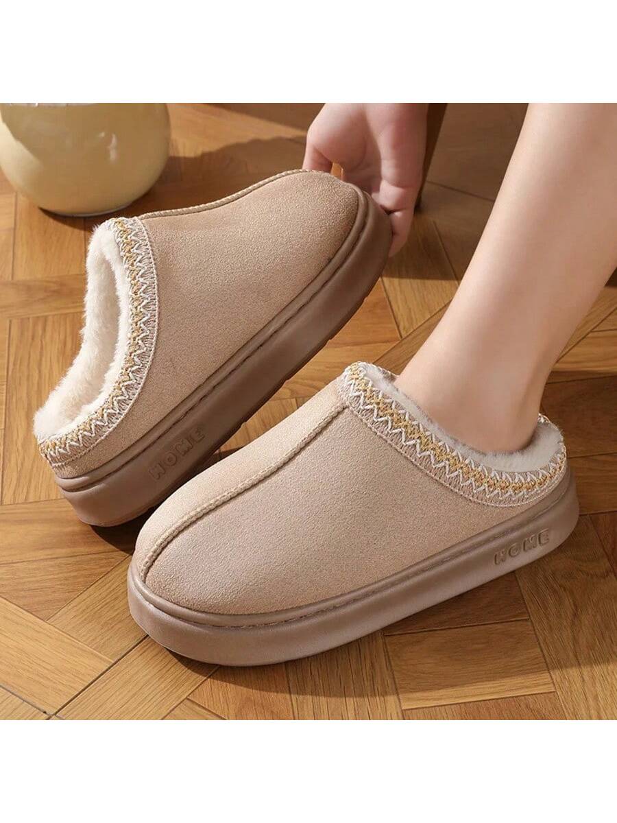 New Fashion Fluffy Platform Slippers For Women 2024 Winter Plush Warm Cotton Shoes Woman Comfort Non Slip Unisex Home Slippers Khaki