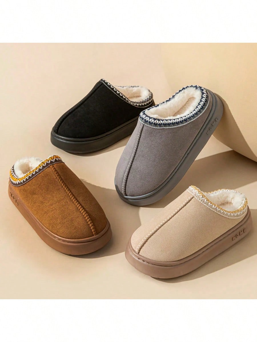 New Fashion Fluffy Platform Slippers For Women 2024 Winter Plush Warm Cotton Shoes Woman Comfort Non Slip Unisex Home Slippers Khaki