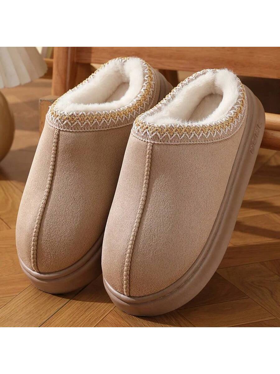 New Fashion Fluffy Platform Slippers For Women 2024 Winter Plush Warm Cotton Shoes Woman Comfort Non Slip Unisex Home Slippers Khaki