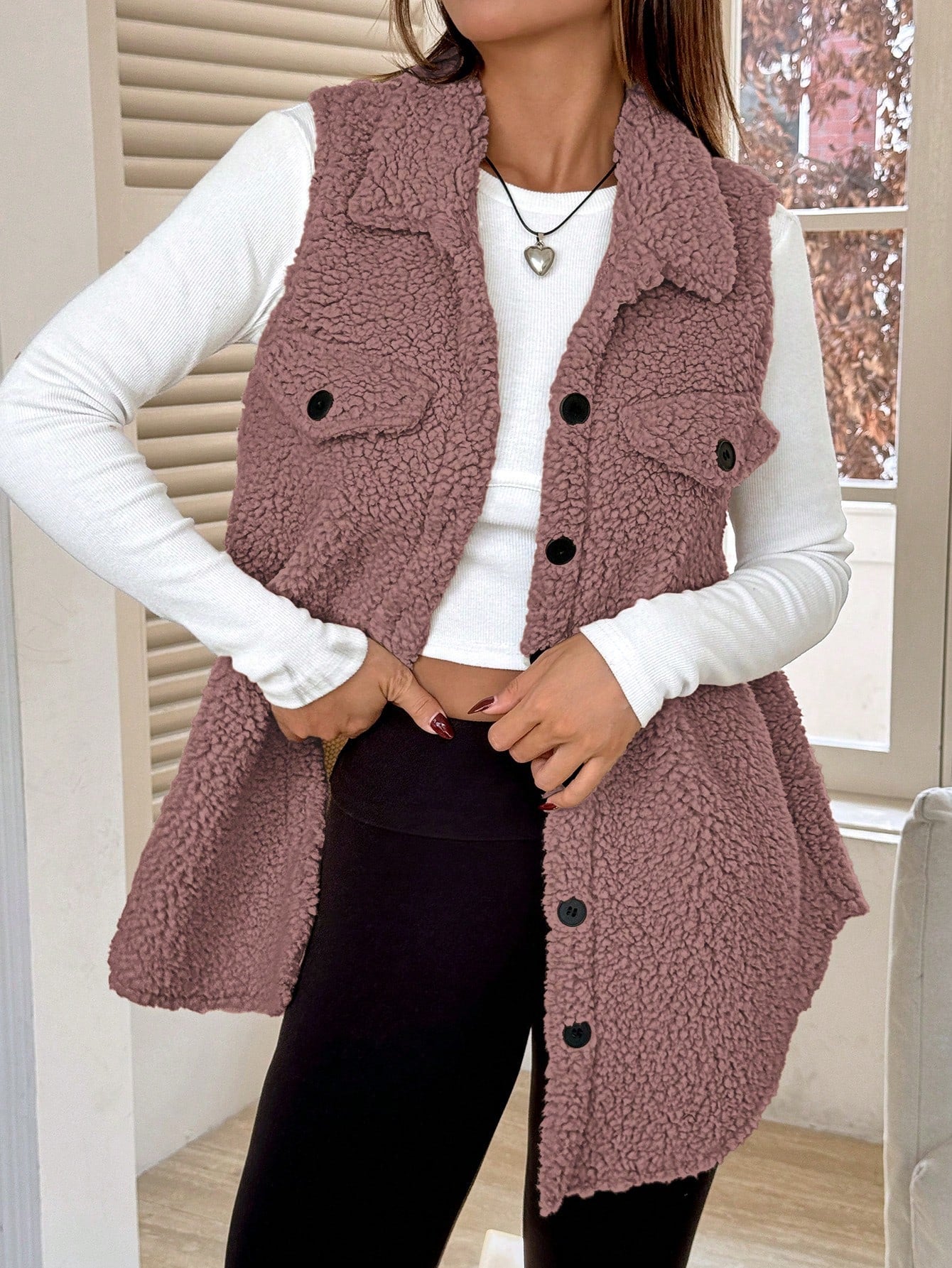 SHEIN EZwear Women's Sleeveless Minimalist Button Front Pockets Casual Jacket, Daily Wear Dusty Purple