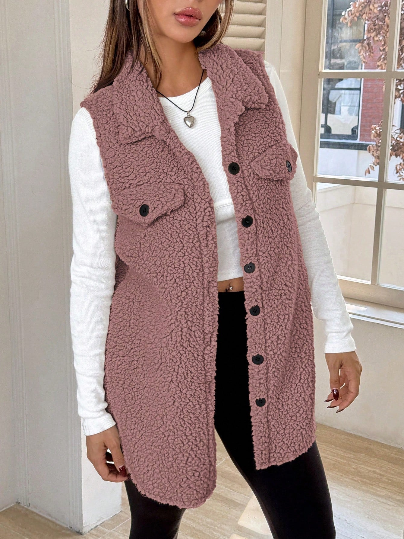 SHEIN EZwear Women's Sleeveless Minimalist Button Front Pockets Casual Jacket, Daily Wear Dusty Purple